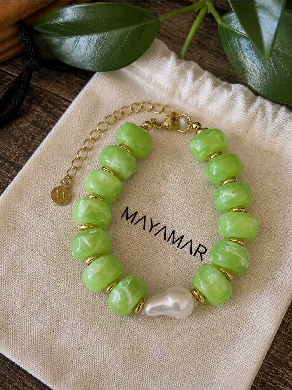 New Mayamar Lime Green Beaded Bracelet with Pearl Accent